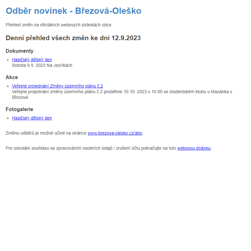 Březová-Oleško: Odběr novinek ze dne 12.9.2023