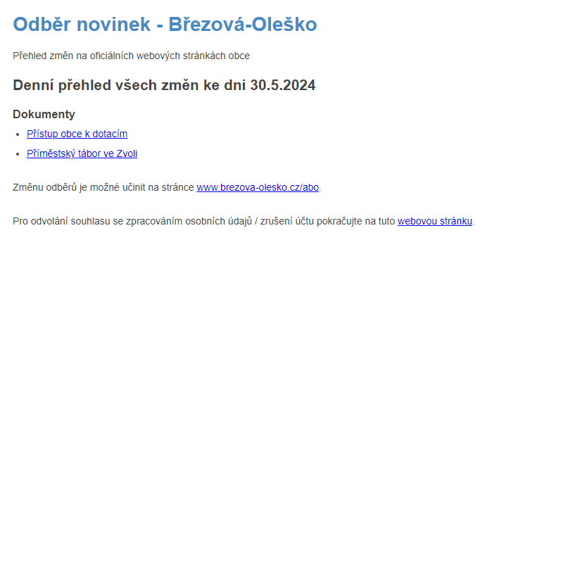 Březová-Oleško: Odběr novinek ze dne 30.5.2024