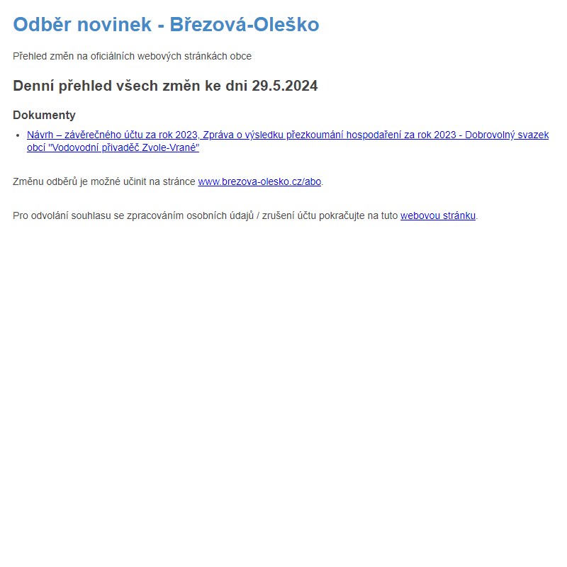 Březová-Oleško: Odběr novinek ze dne 29.5.2024