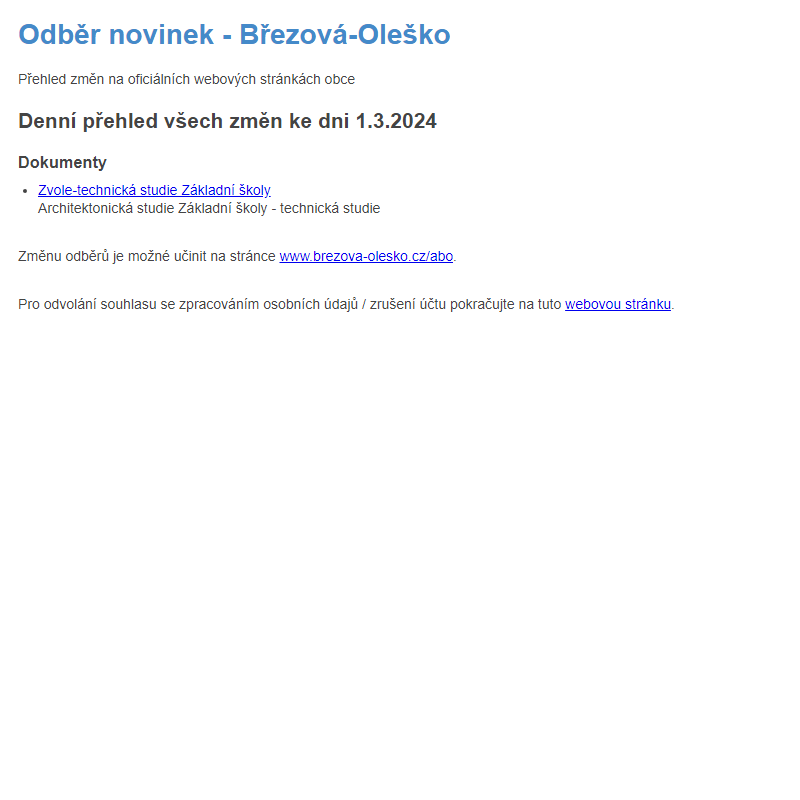 Březová-Oleško: Odběr novinek ze dne 1.3.2024