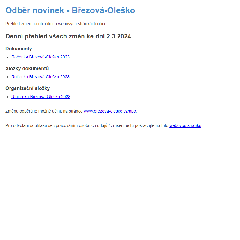Březová-Oleško: Odběr novinek ze dne 2.3.2024