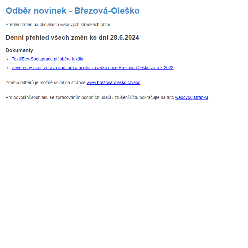 Březová-Oleško: Odběr novinek ze dne 28.6.2024