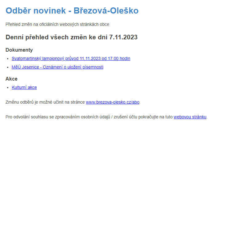 Březová-Oleško: Odběr novinek ze dne 7.11.2023