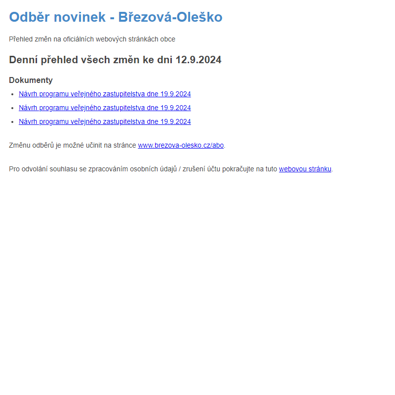 Březová-Oleško: Odběr novinek ze dne 12.9.2024