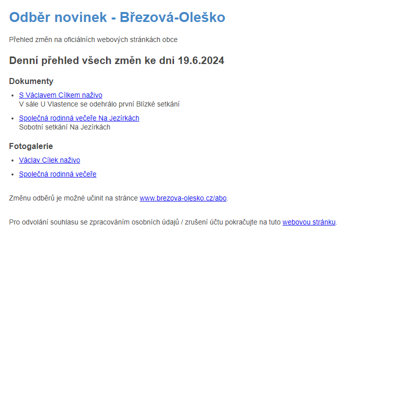 Březová-Oleško: Odběr novinek ze dne 19.6.2024