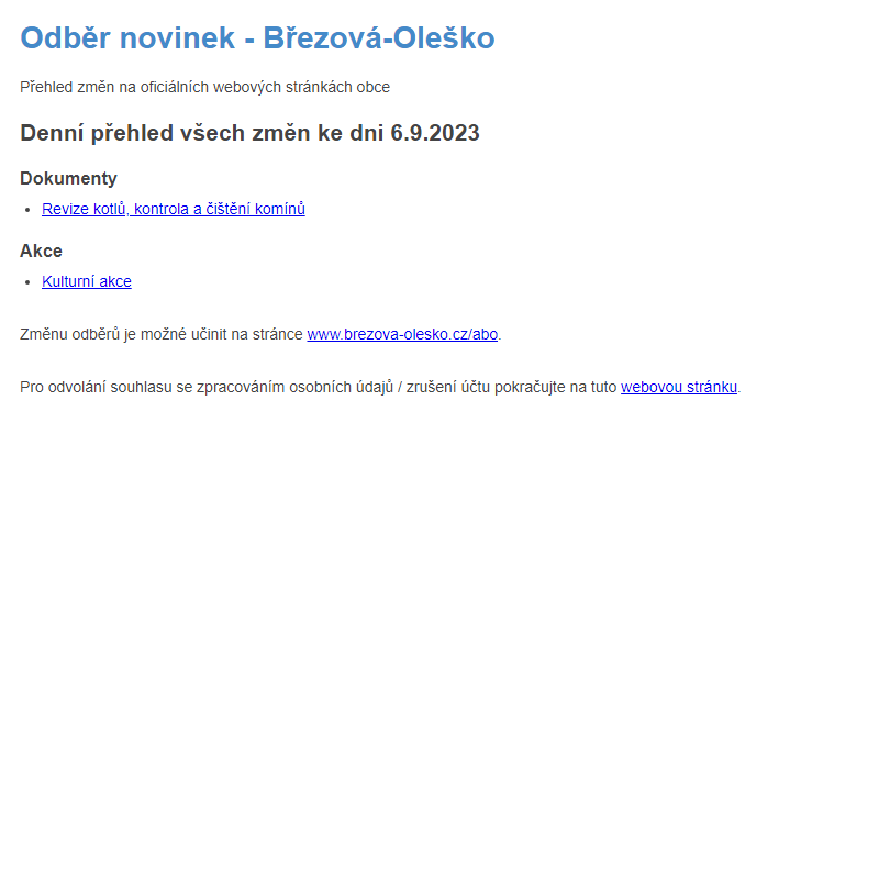 Březová-Oleško: Odběr novinek ze dne 6.9.2023