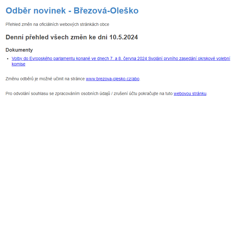 Březová-Oleško: Odběr novinek ze dne 10.5.2024