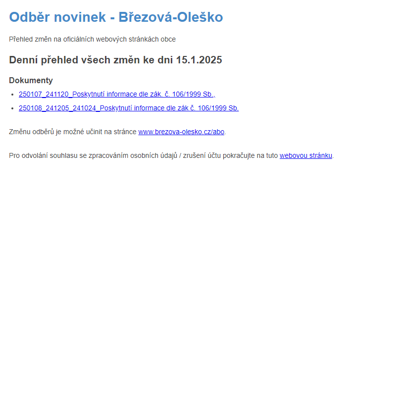 Březová-Oleško: Odběr novinek ze dne 15.1.2025