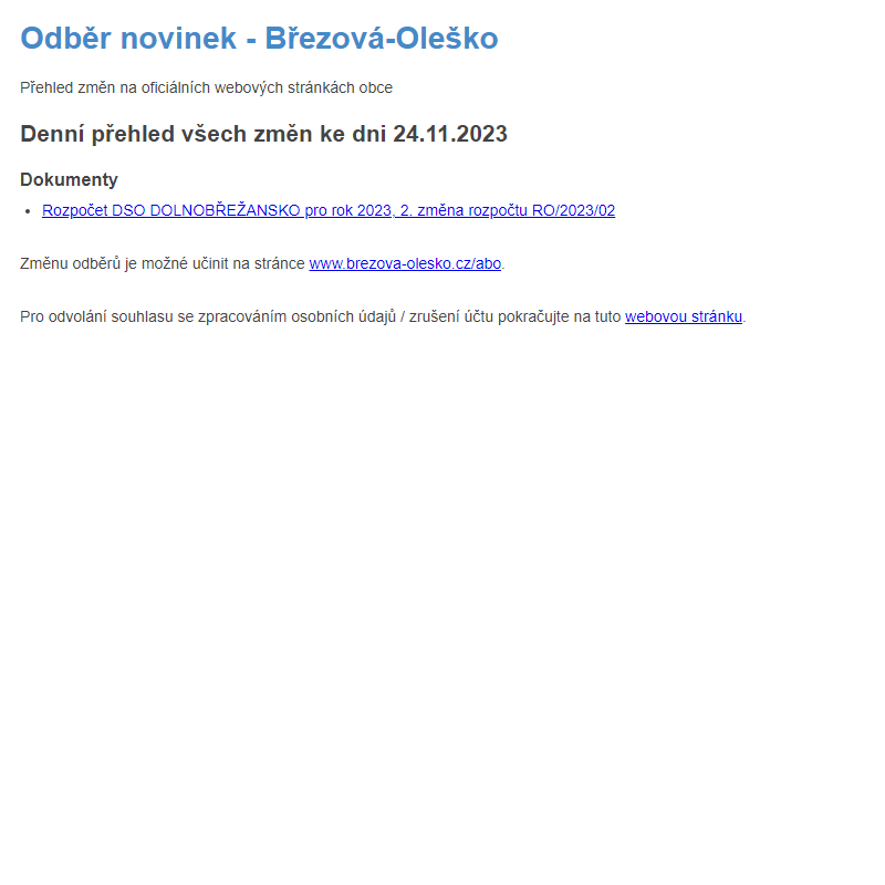 Březová-Oleško: Odběr novinek ze dne 24.11.2023