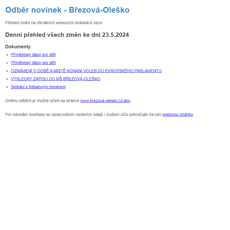 Březová-Oleško: Odběr novinek ze dne 23.5.2024