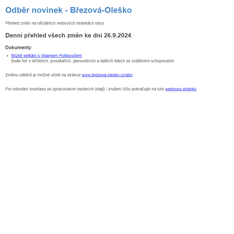 Březová-Oleško: Odběr novinek ze dne 26.9.2024