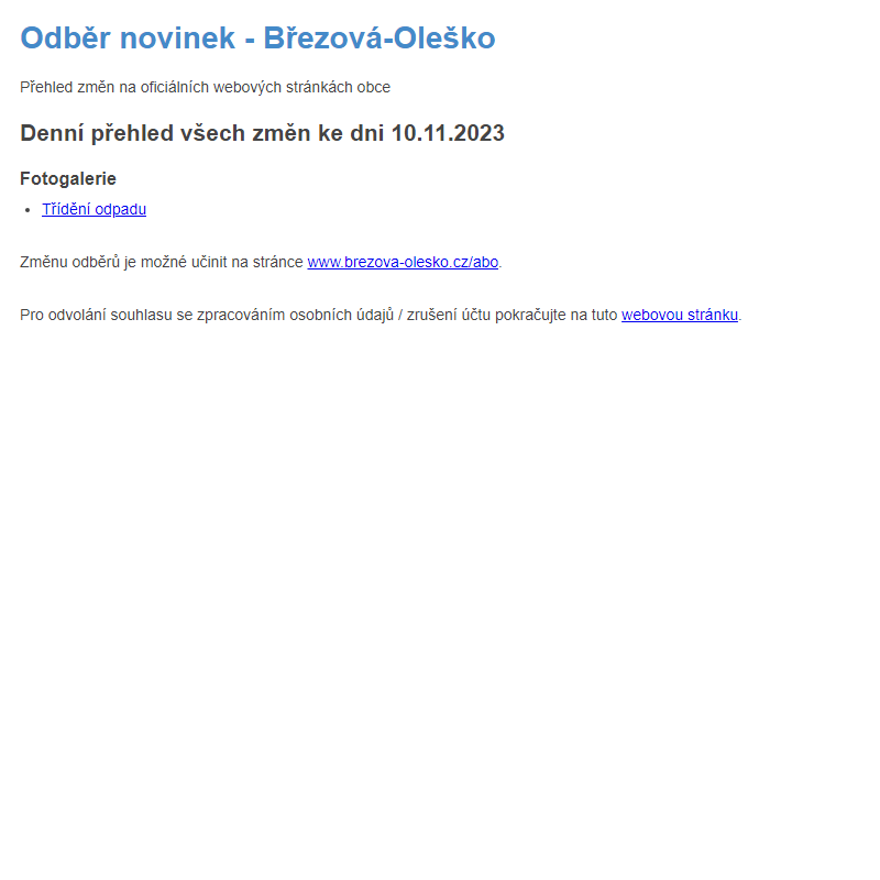 Březová-Oleško: Odběr novinek ze dne 10.11.2023