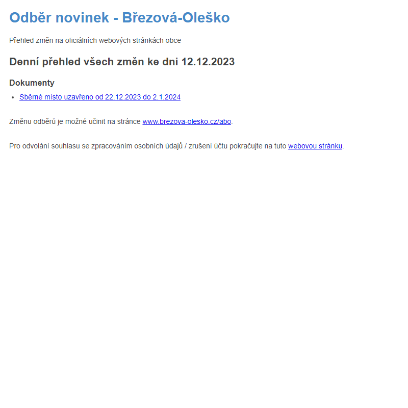 Březová-Oleško: Odběr novinek ze dne 12.12.2023