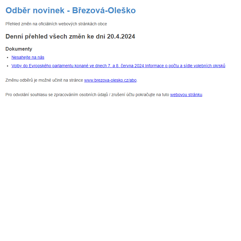 Březová-Oleško: Odběr novinek ze dne 20.4.2024