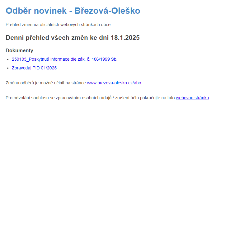 Březová-Oleško: Odběr novinek ze dne 18.1.2025