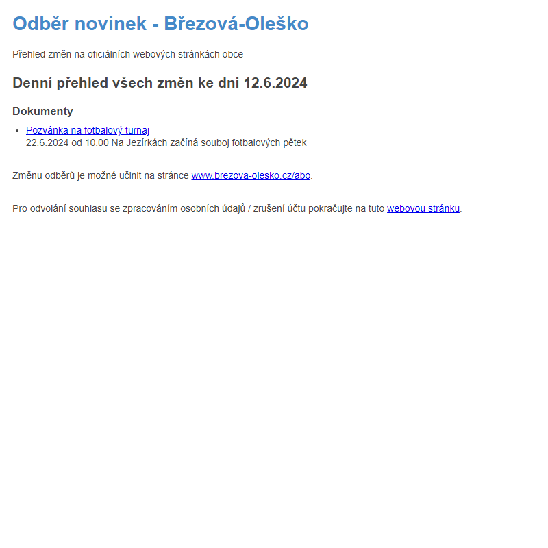 Březová-Oleško: Odběr novinek ze dne 12.6.2024