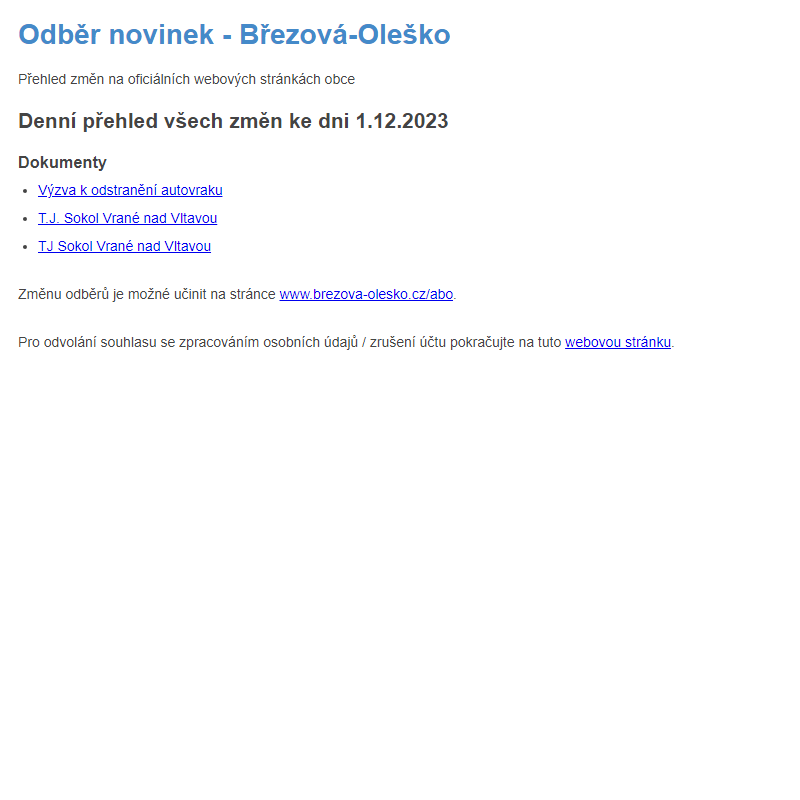 Březová-Oleško: Odběr novinek ze dne 1.12.2023