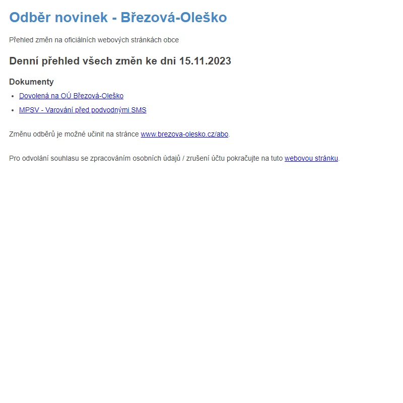 Březová-Oleško: Odběr novinek ze dne 15.11.2023