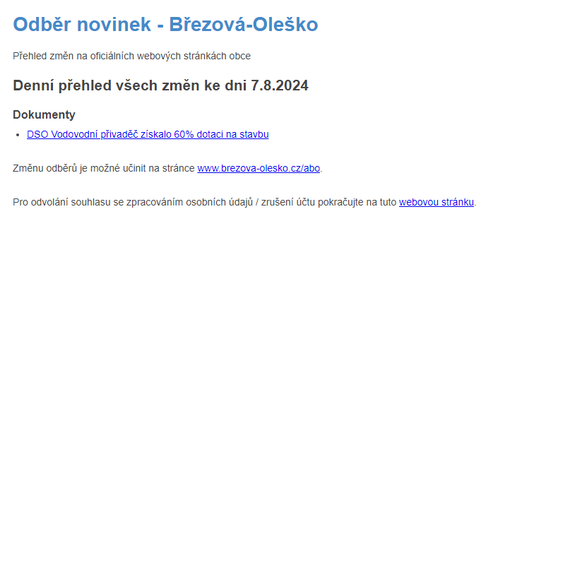 Březová-Oleško: Odběr novinek ze dne 7.8.2024