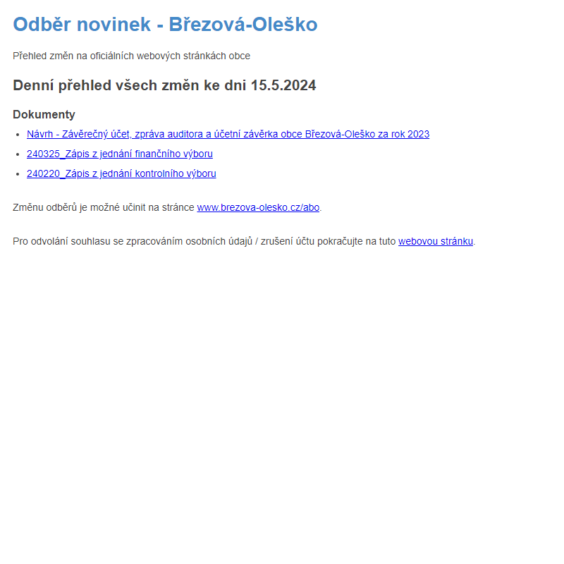 Březová-Oleško: Odběr novinek ze dne 15.5.2024