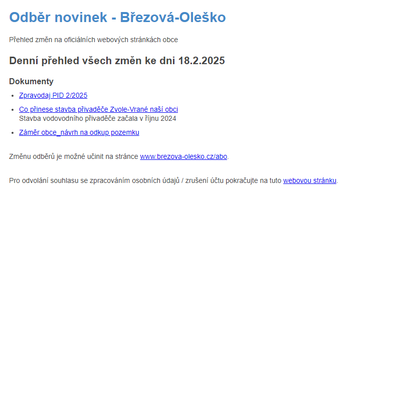 Březová-Oleško: Odběr novinek ze dne 18.2.2025