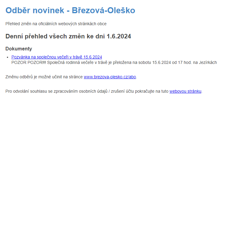 Březová-Oleško: Odběr novinek ze dne 1.6.2024