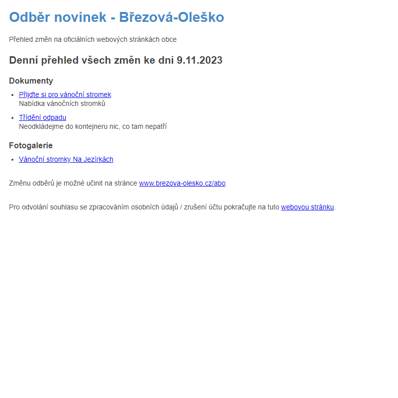 Březová-Oleško: Odběr novinek ze dne 9.11.2023