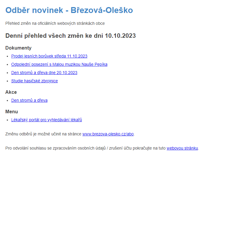 Březová-Oleško: Odběr novinek ze dne 10.10.2023