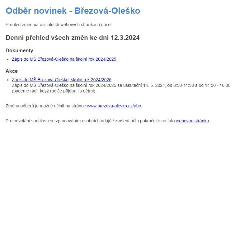 Březová-Oleško: Odběr novinek ze dne 12.3.2024