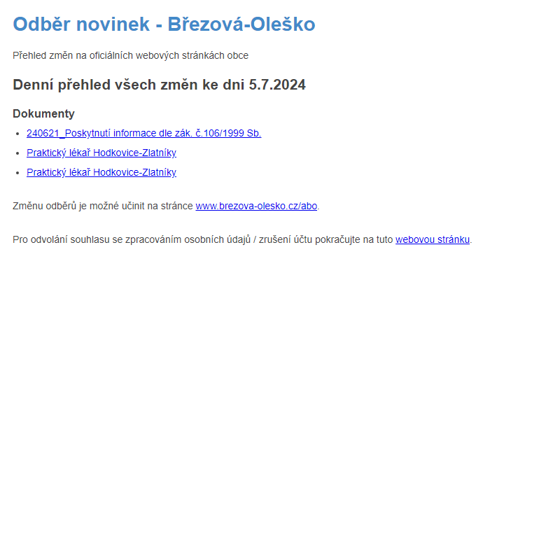 Březová-Oleško: Odběr novinek ze dne 5.7.2024