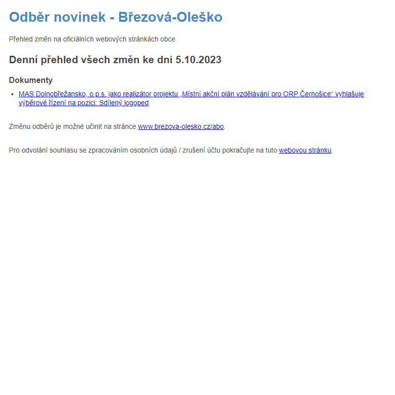Březová-Oleško: Odběr novinek ze dne 5.10.2023