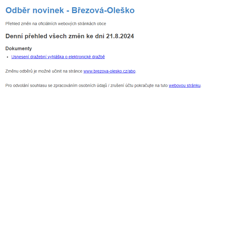 Březová-Oleško: Odběr novinek ze dne 21.8.2024