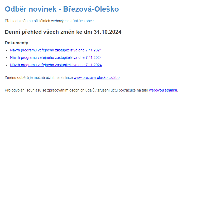 Březová-Oleško: Odběr novinek ze dne 31.10.2024