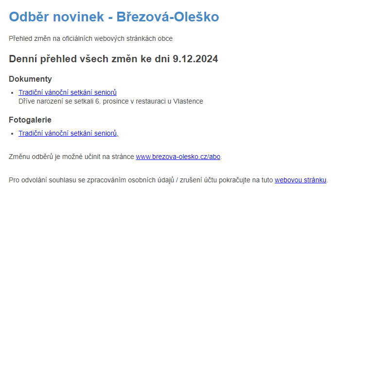 Březová-Oleško: Odběr novinek ze dne 9.12.2024