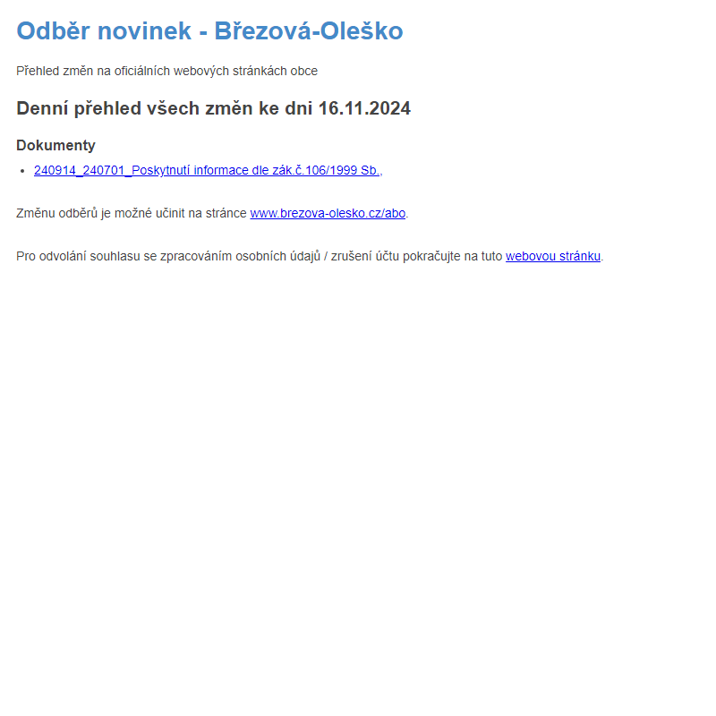 Březová-Oleško: Odběr novinek ze dne 16.11.2024