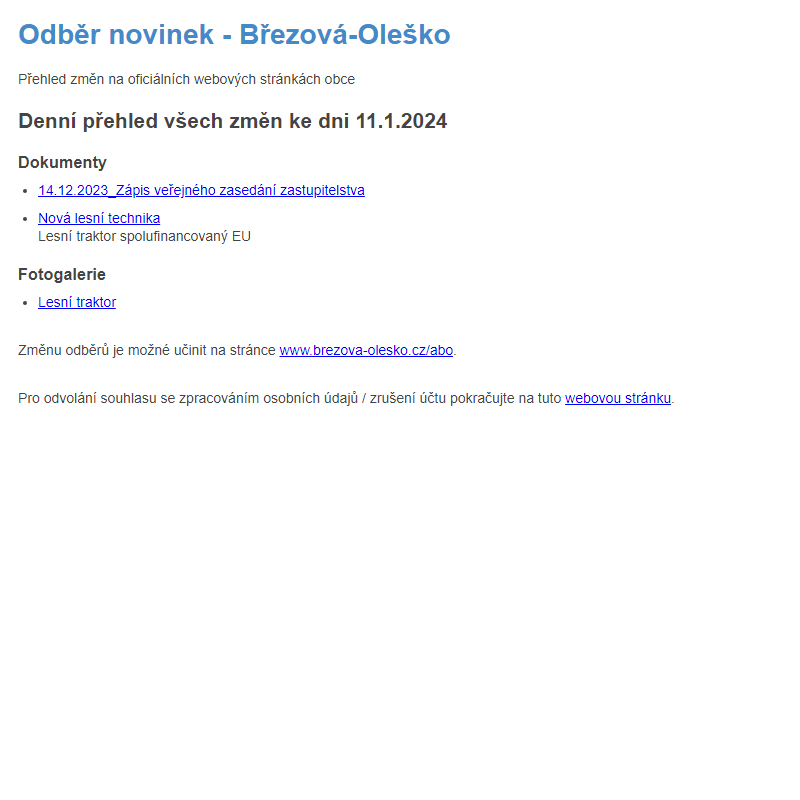 Březová-Oleško: Odběr novinek ze dne 11.1.2024