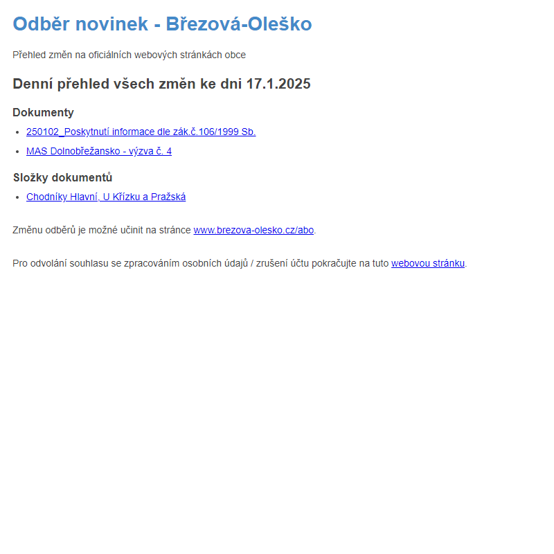 Březová-Oleško: Odběr novinek ze dne 17.1.2025