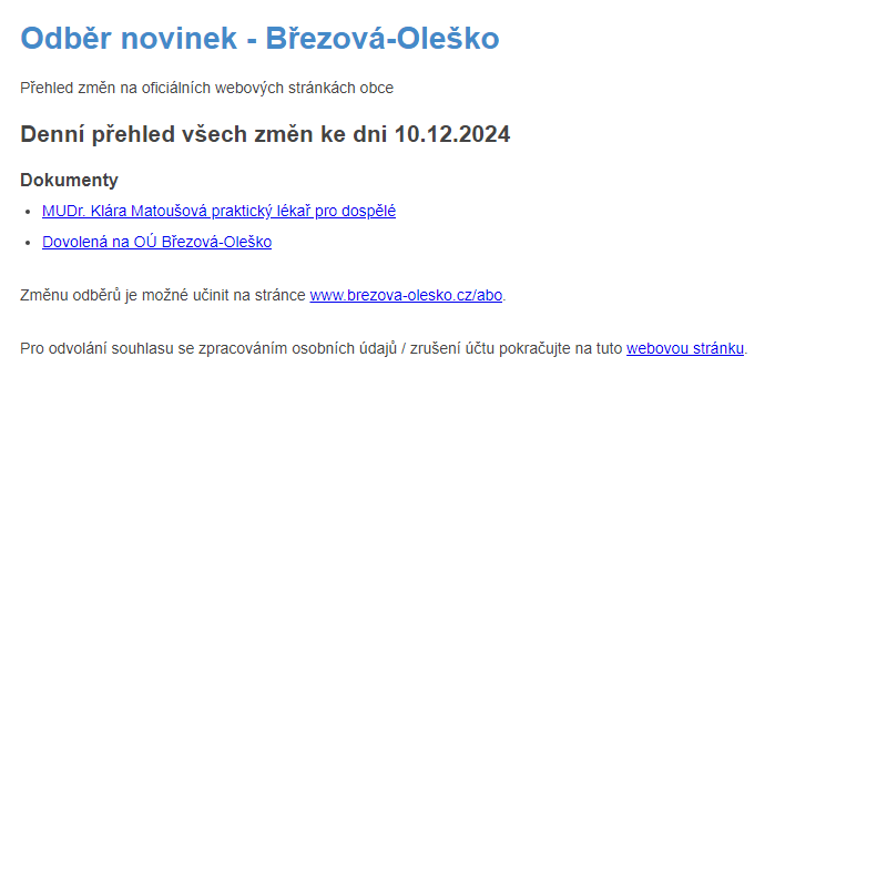 Březová-Oleško: Odběr novinek ze dne 10.12.2024