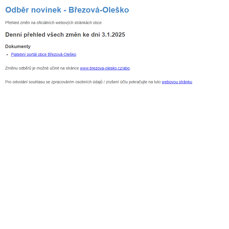 Březová-Oleško: Odběr novinek ze dne 3.1.2025