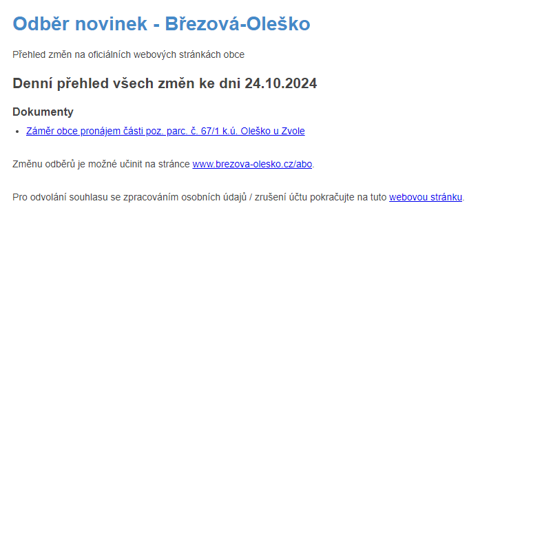 Březová-Oleško: Odběr novinek ze dne 24.10.2024