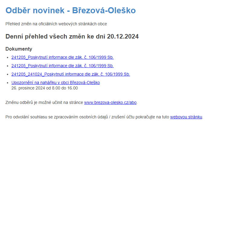 Březová-Oleško: Odběr novinek ze dne 20.12.2024