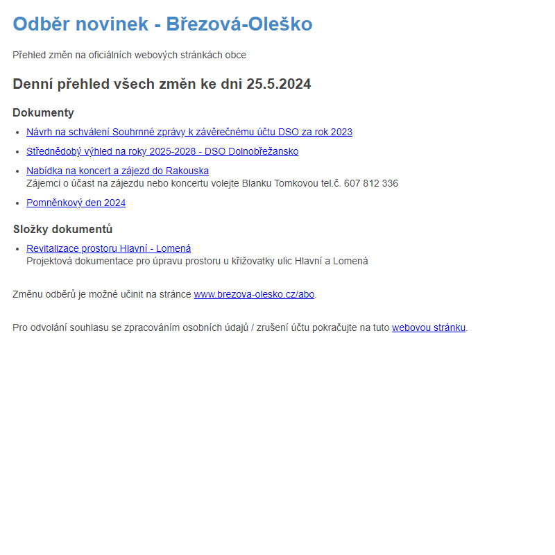 Březová-Oleško: Odběr novinek ze dne 25.5.2024