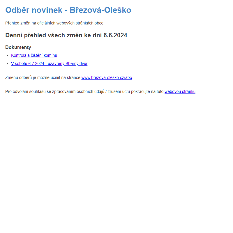 Březová-Oleško: Odběr novinek ze dne 6.6.2024