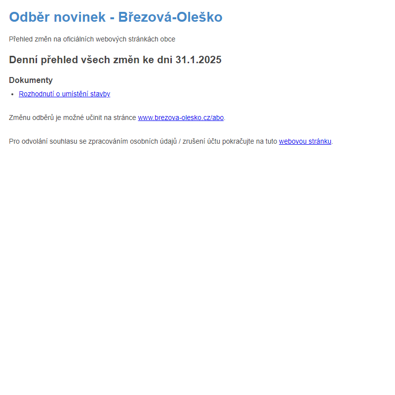 Březová-Oleško: Odběr novinek ze dne 31.1.2025