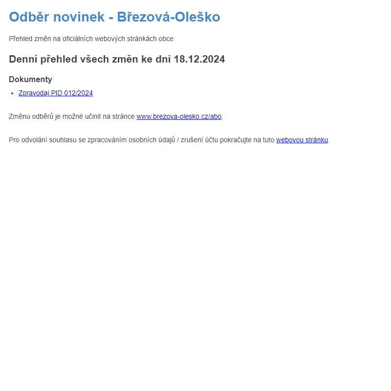 Březová-Oleško: Odběr novinek ze dne 18.12.2024