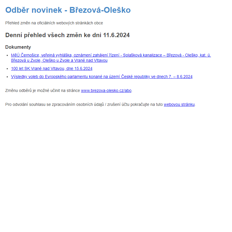 Březová-Oleško: Odběr novinek ze dne 11.6.2024