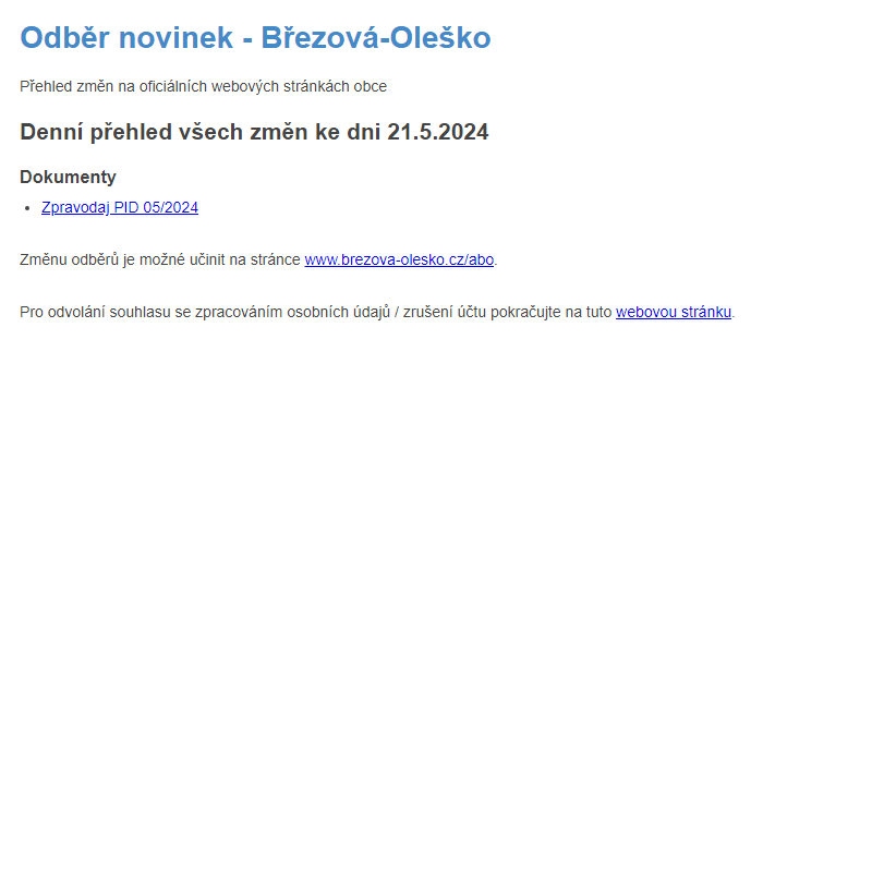 Březová-Oleško: Odběr novinek ze dne 21.5.2024