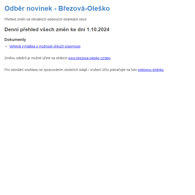 Březová-Oleško: Odběr novinek ze dne 1.10.2024