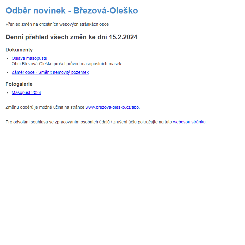 Březová-Oleško: Odběr novinek ze dne 15.2.2024