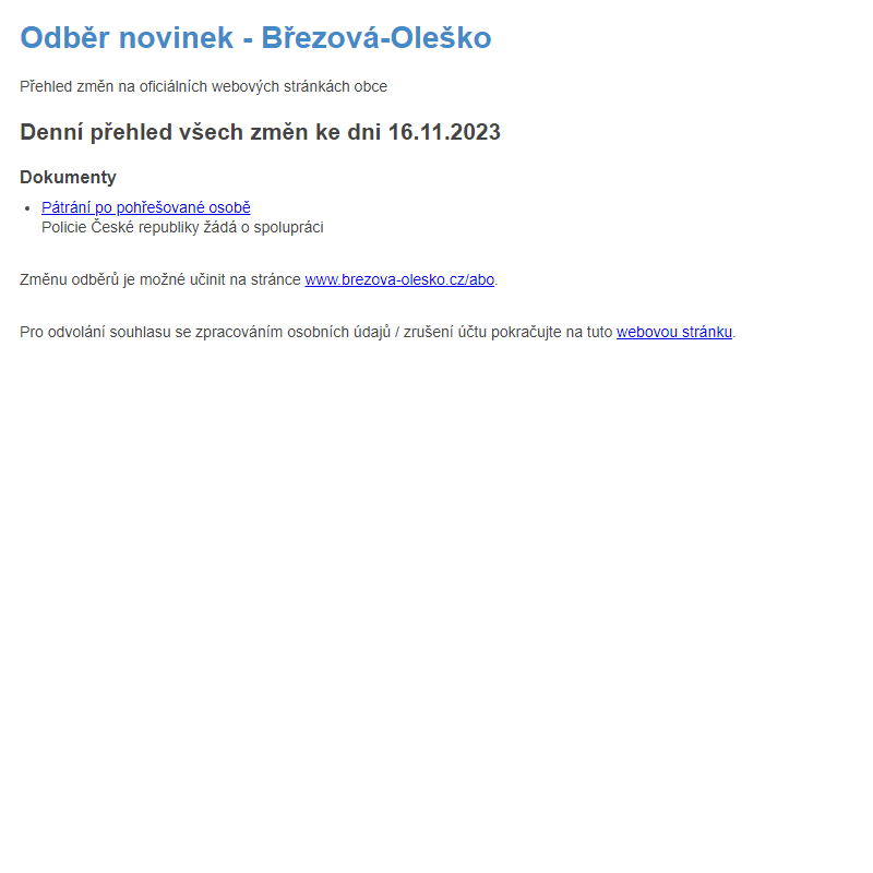 Březová-Oleško: Odběr novinek ze dne 16.11.2023